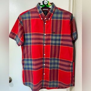 RVCA SHORT SLEEVE BUTTON DOWN SHIRT RED SIZE LARGE